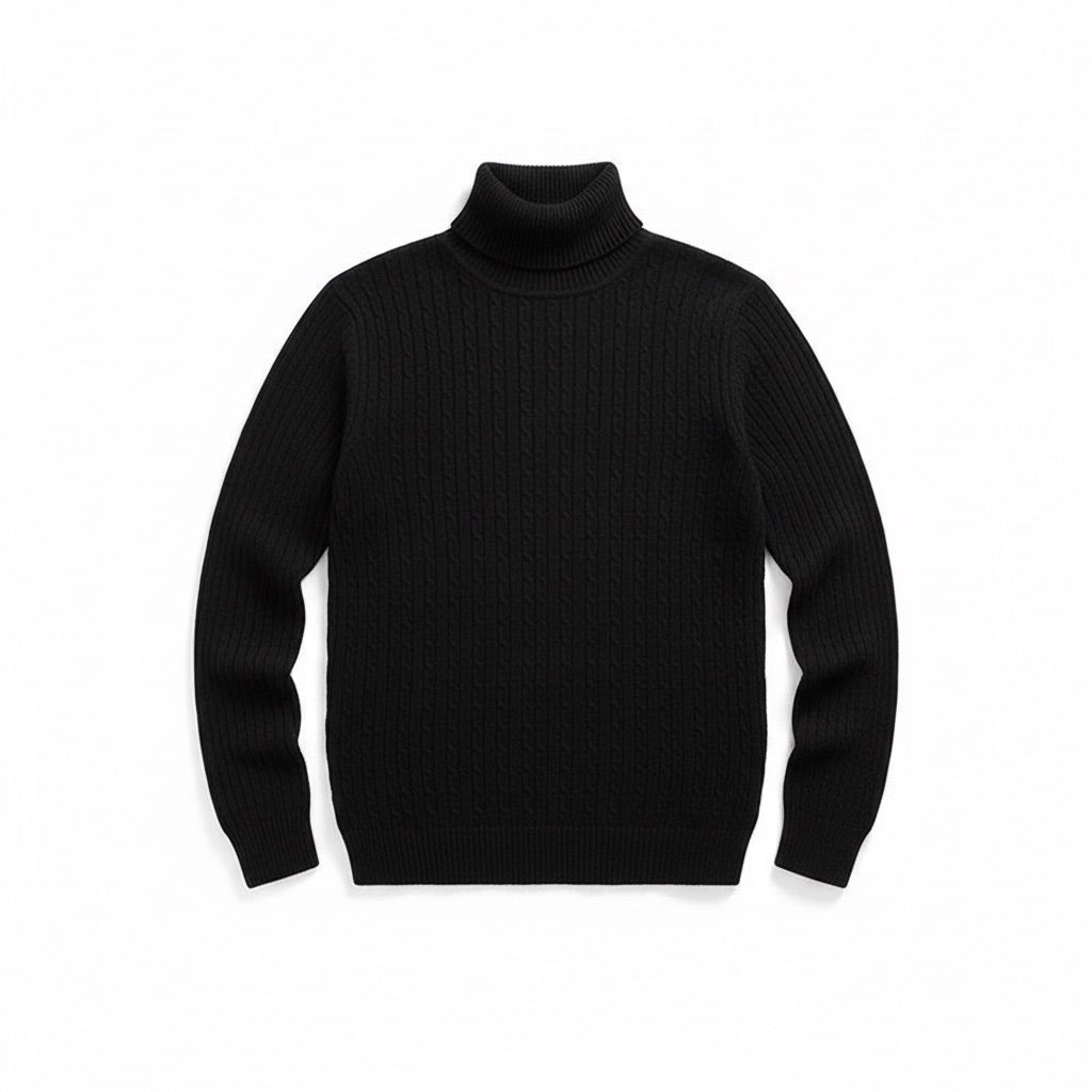 Rollkragenpullover Herren mit Zopfmuster – Warmer Strickpullover – Flatlay
