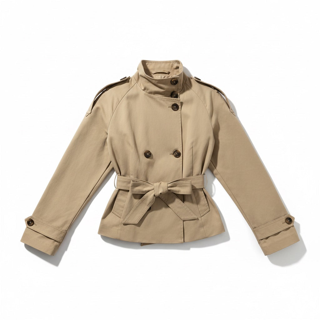 Trenchcoat Damen kurz mit Bindegürtel – Zweireihige Übergangsjacke – Flatlay