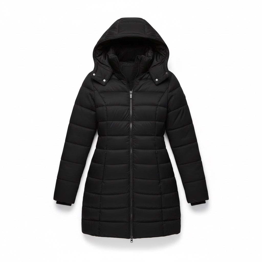 Parka Damen lang gesteppt mit Kapuze – Warme Winterjacke – Flatlay