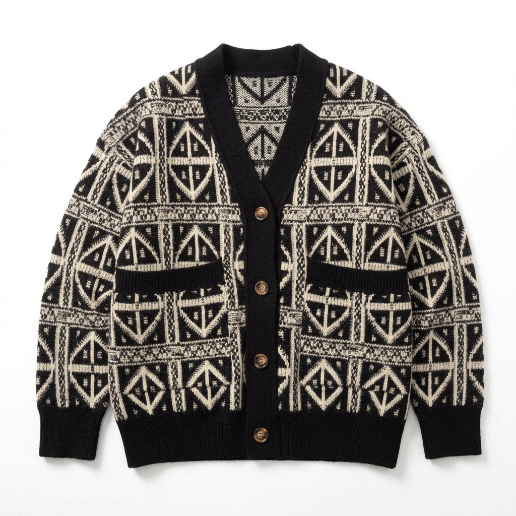 Strickjacke Herren Grobstrick mit Muster – Cardigan mit Knöpfen – Flatlay