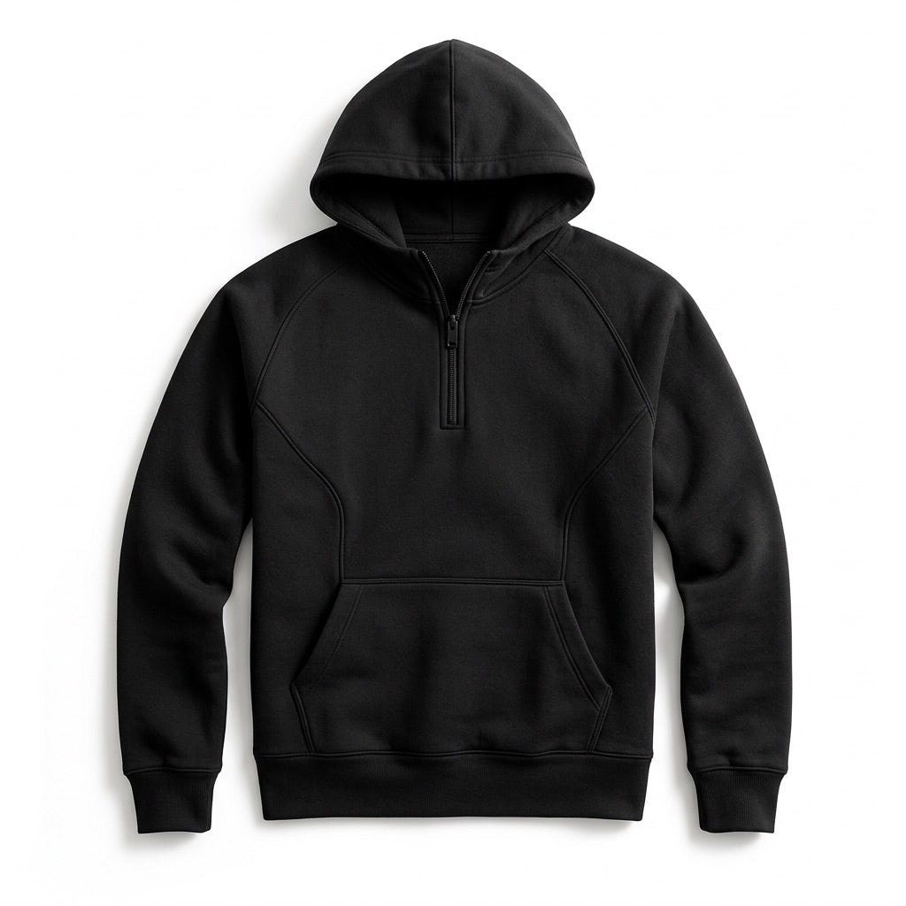 Kapuzenpullover Herren mit Half Zip – Hoodie mit Kängurutasche – Flatlay