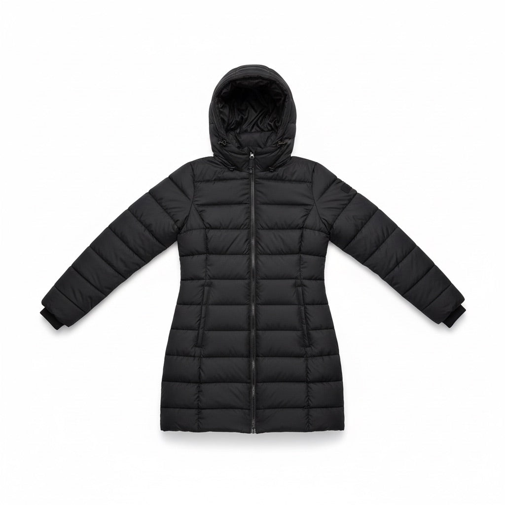 Winterjacke Damen lang mit Kapuze – Taillierter Steppmantel – Flatlay