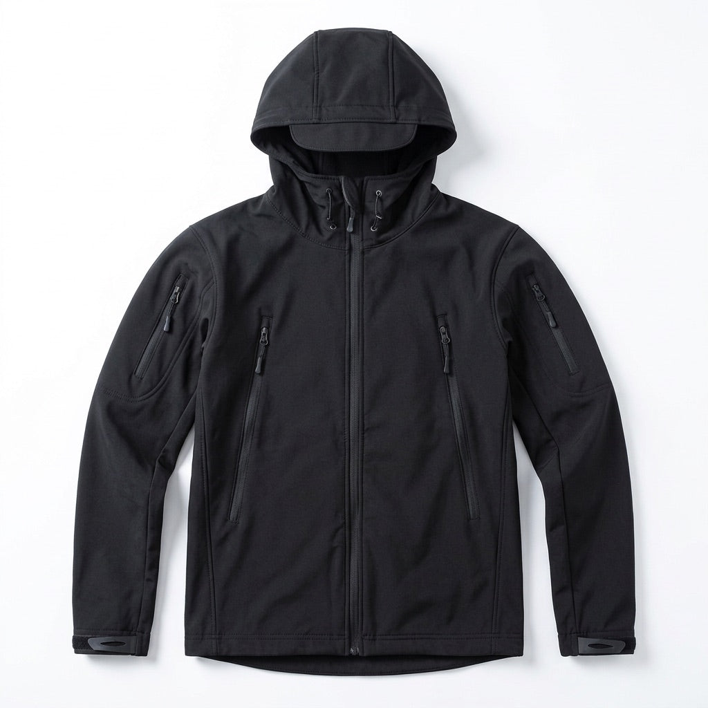 Softshelljacke Herren mit Kapuze – Outdoor Funktionsjacke – Flatlay