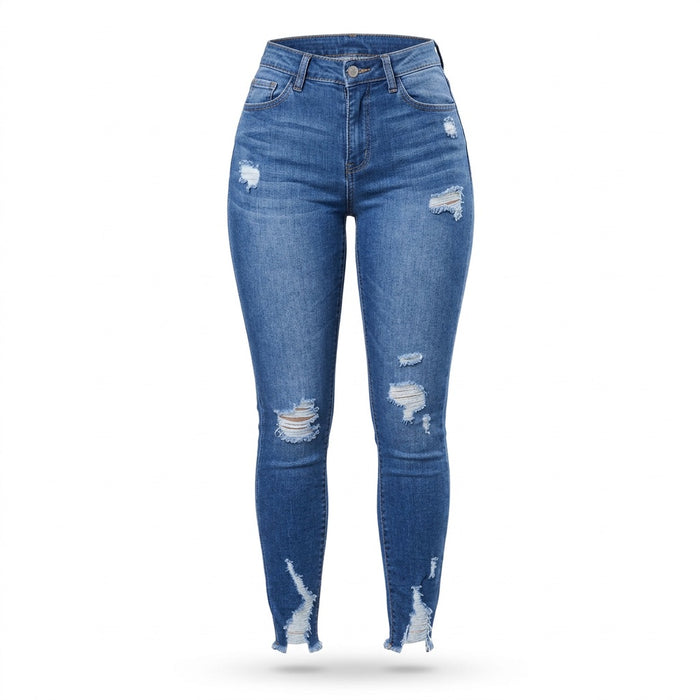 Röhrenjeans Damen High Waist – Stretch Jeans im Destroyed-Look – Vorderansicht
