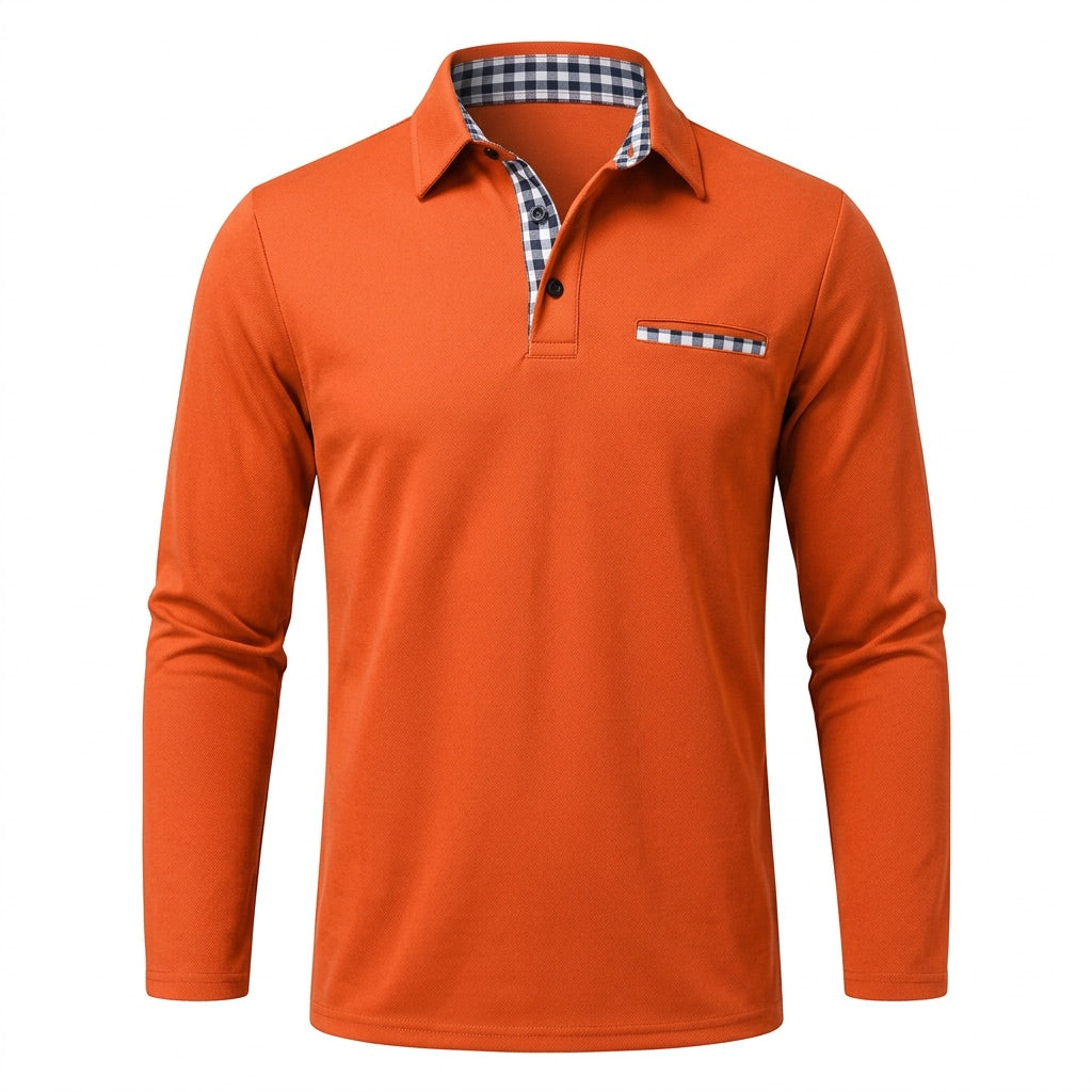 Poloshirt Herren Langarm – mit Karo-Details – Vorderansicht