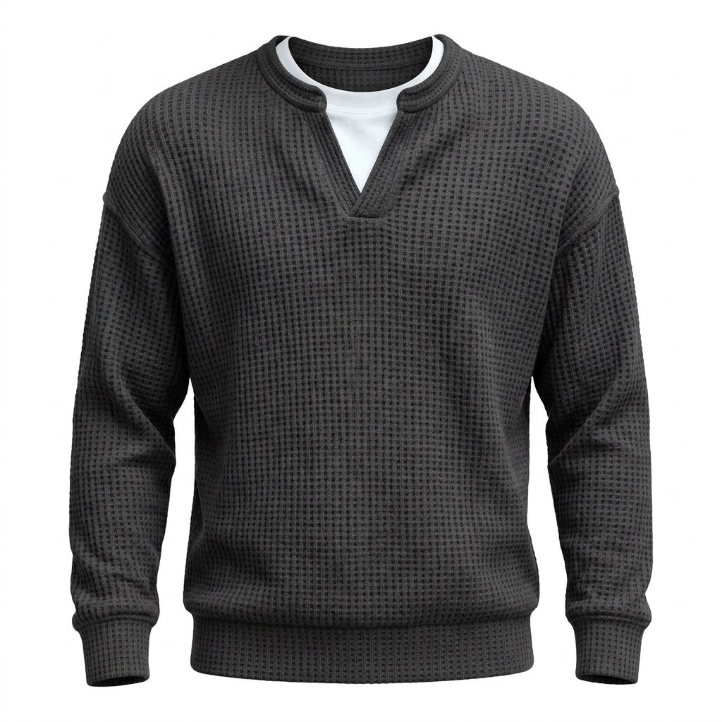 Waffelpullover Herren mit Schlitzausschnitt – Lässiger Pullover – Vorderansicht