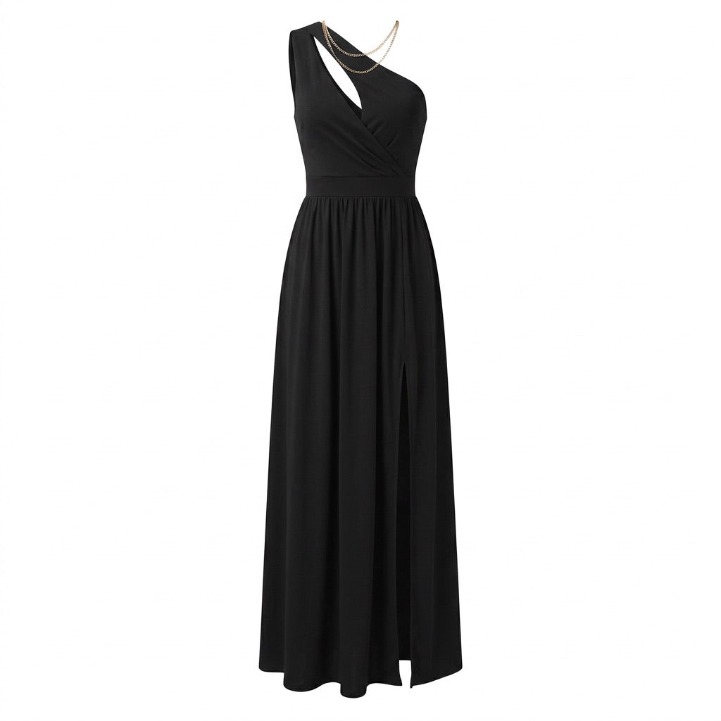 One-Shoulder Abendkleid Damen – Maxikleid mit Beinschlitz – Vorderansicht