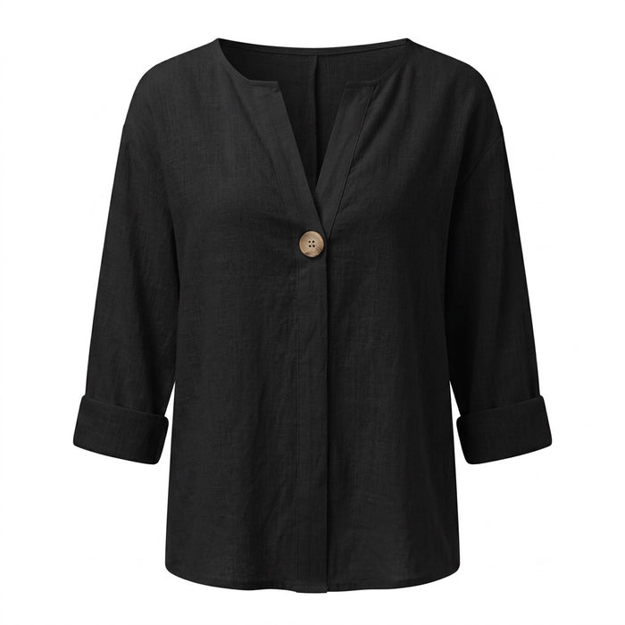Langarmshirt Damen mit V-Ausschnitt – Oberteil in Leinenoptik mit Knöpfen – Vorderansicht