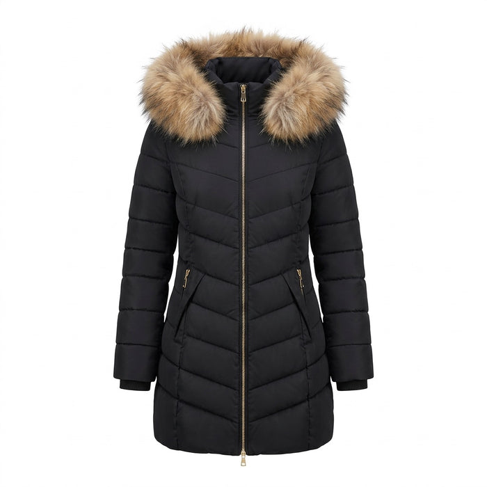 Langer Steppmantel Damen mit Kunstfellkapuze – Winterparka – Vorderansicht