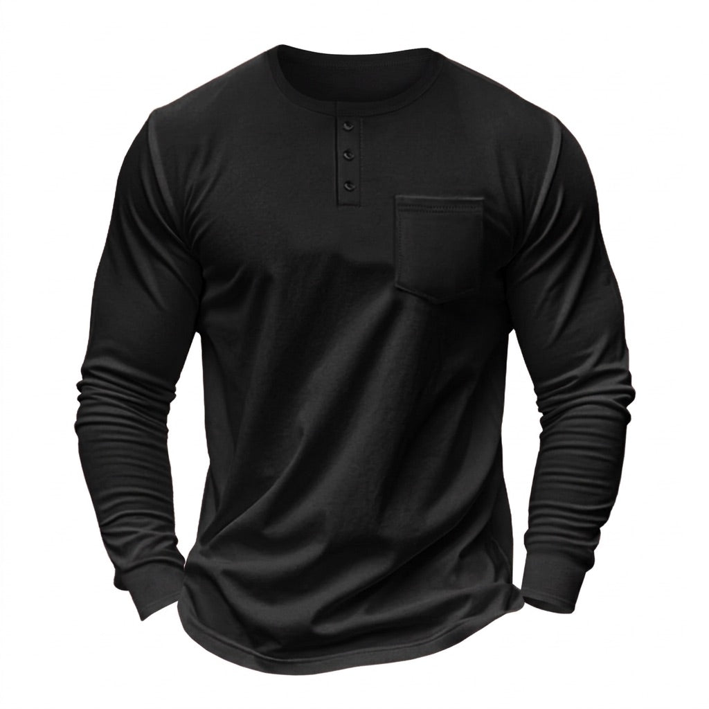 Henley Shirt Herren Langarm – mit Brusttasche – Vorderansicht