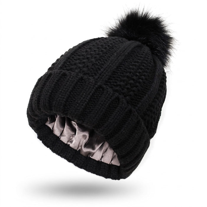 Bommelmütze Damen gefüttert – Strickmütze mit Kunstfell-Bommel – Vorderansicht