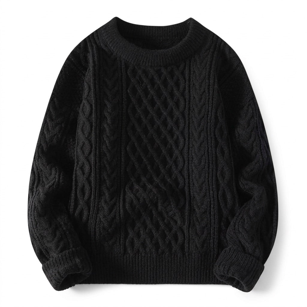 Zopfstrick Pullover Herren Rundhals – Warmer Grobstrick Pullover – Vorderansicht