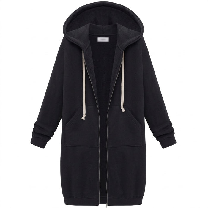 Lange Sweatjacke Damen mit Kapuze – Fleece Longjacke – Vorderansicht