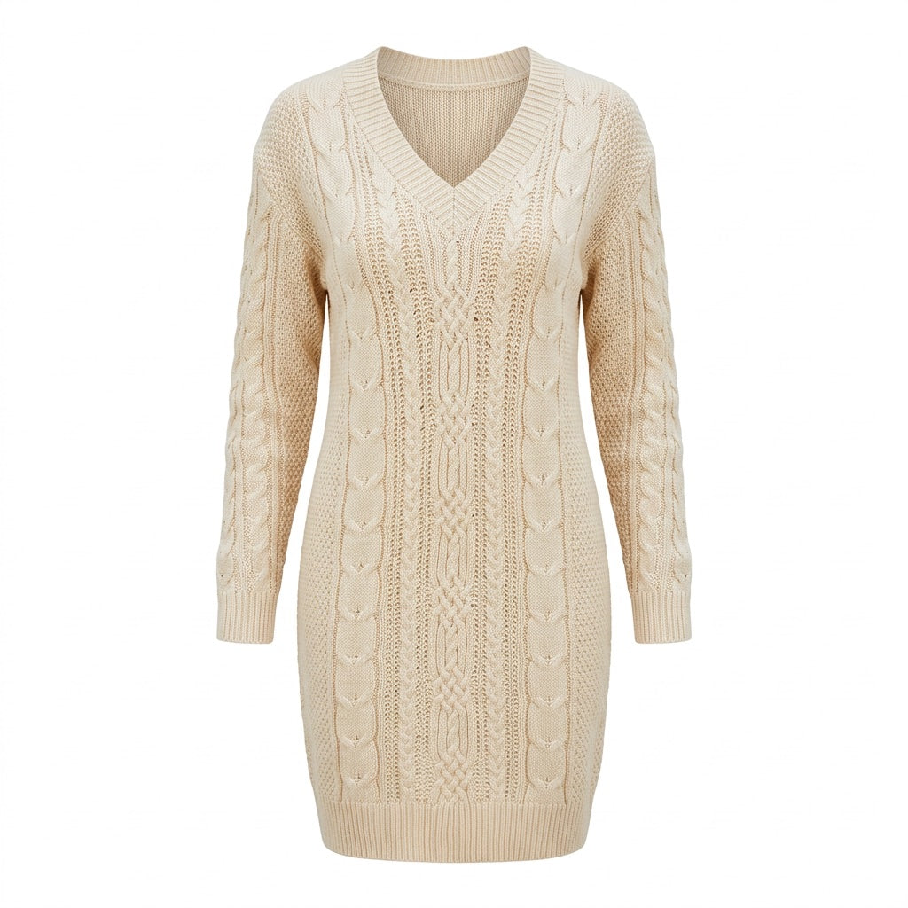 Strickkleid Damen mit V-Ausschnitt – Midikleid mit Zopfmuster – Vorderansicht