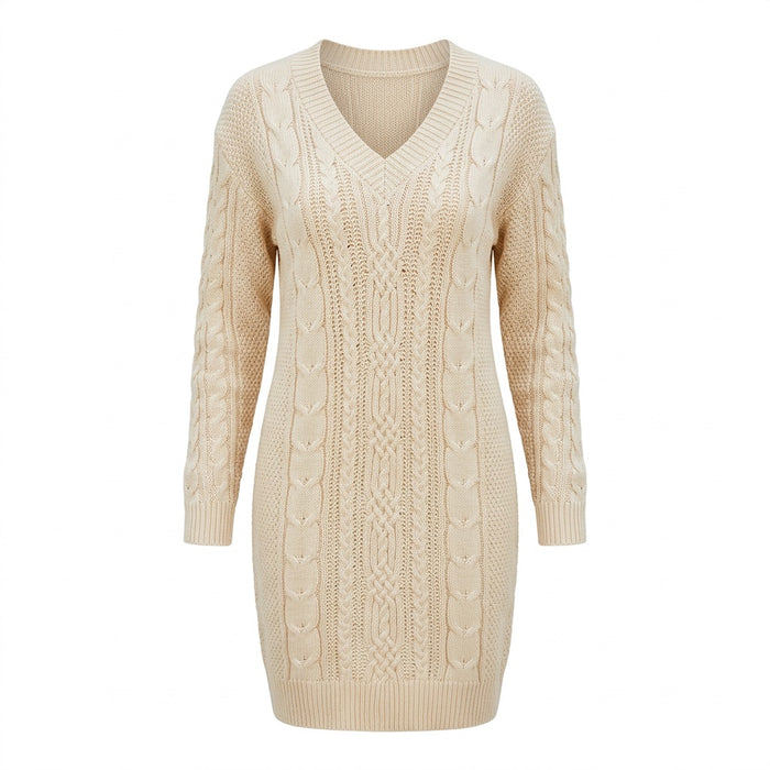 Strickkleid Damen mit V-Ausschnitt – Midikleid mit Zopfmuster – Vorderansicht