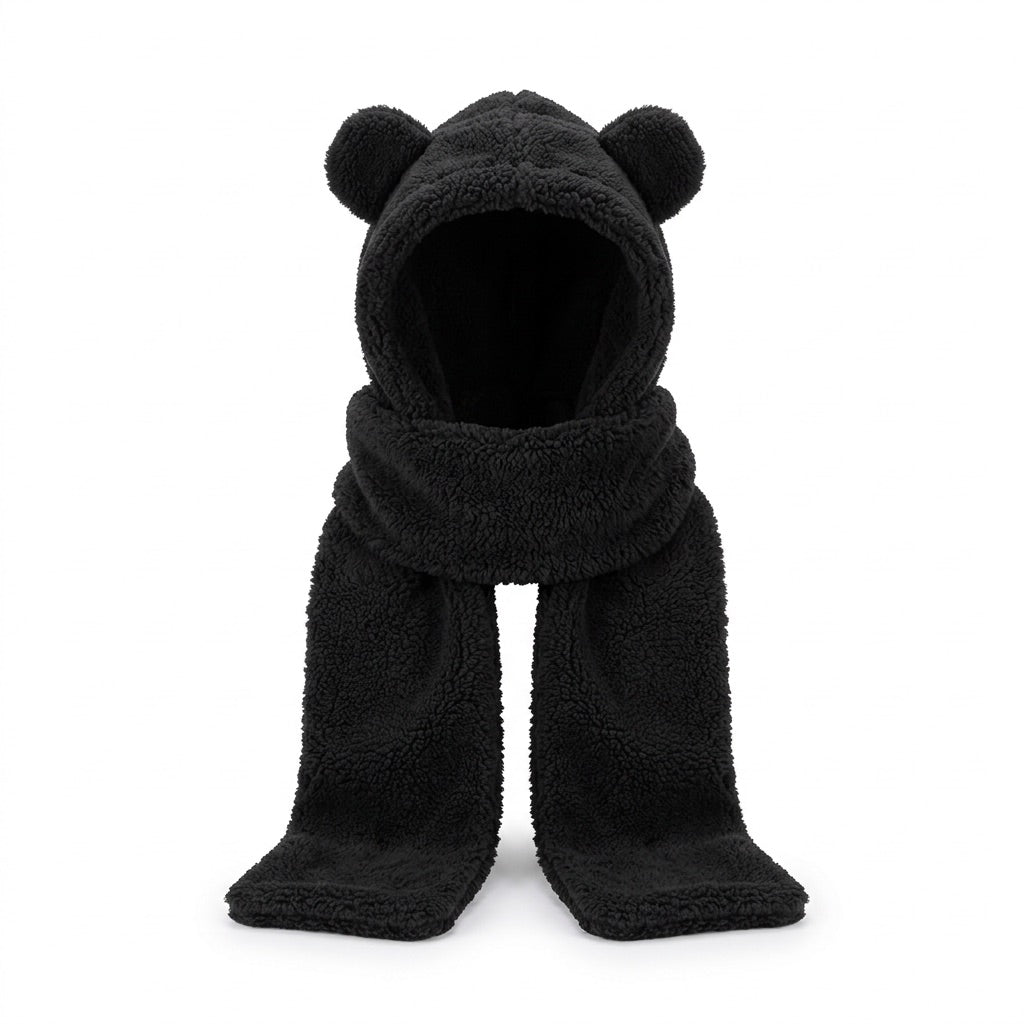 Kapuzenschal Damen Plüsch mit Ohren – Teddy Schal mit Mütze – Vorderansicht