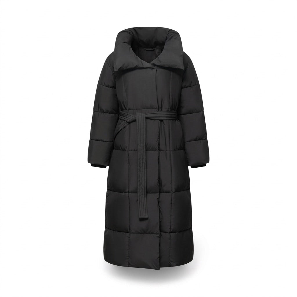Damen Langer Steppmantel mit Gürtel Winterjacke – Vorderansicht
