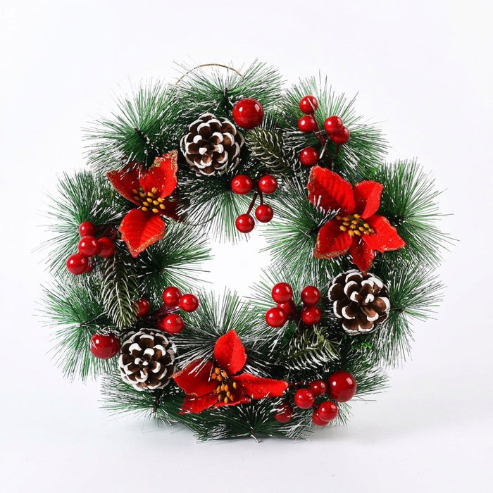 Weihnachtskranz 30 cm mit Beeren – Tannenkranz mit Zapfen und Schleife – Vorderansicht