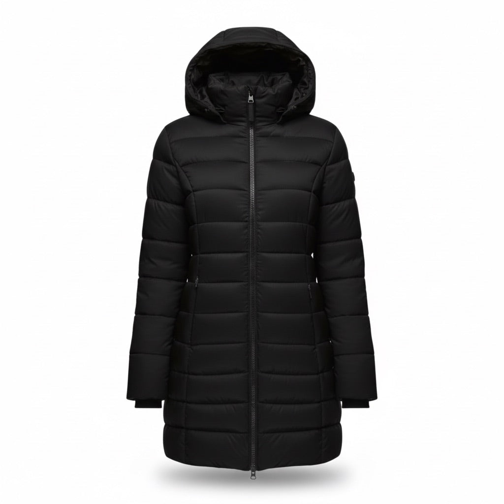 Parka Damen lang gesteppt mit Kapuze – Warme Winterjacke – Vorderansicht
