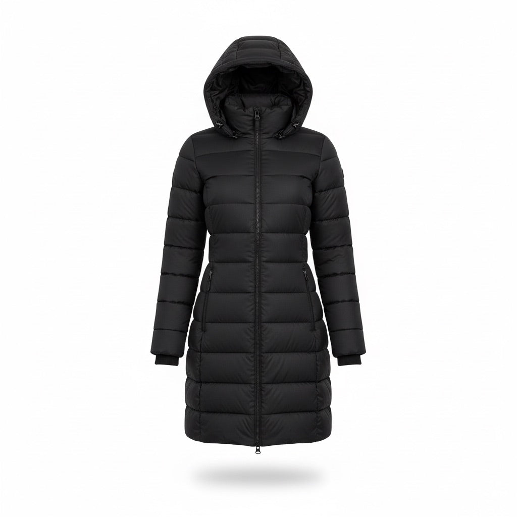 Winterjacke Damen lang mit Kapuze – Taillierter Steppmantel – Vorderansicht