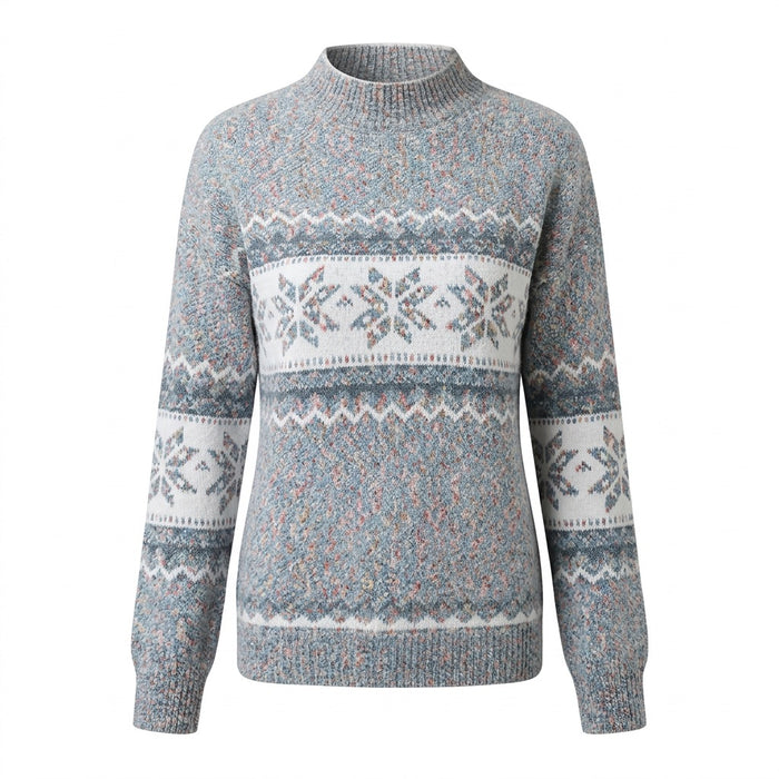 Norweger Pullover Damen mit Schneeflocken – Strickpullover mit Stehkragen – Vorderansicht
