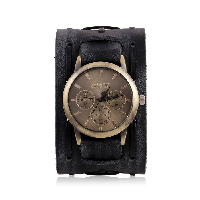 Vintage Armbanduhr Herren mit breitem Armband – Quarzuhr im Retro-Stil – Vorderansicht