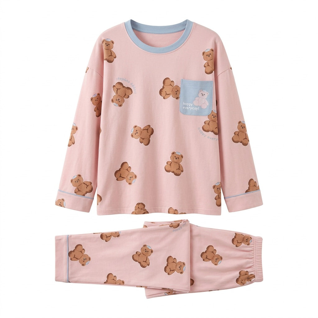 Pyjama Damen langarm mit Print – Schlafanzug für Herbst & Winter – Vorderansicht
