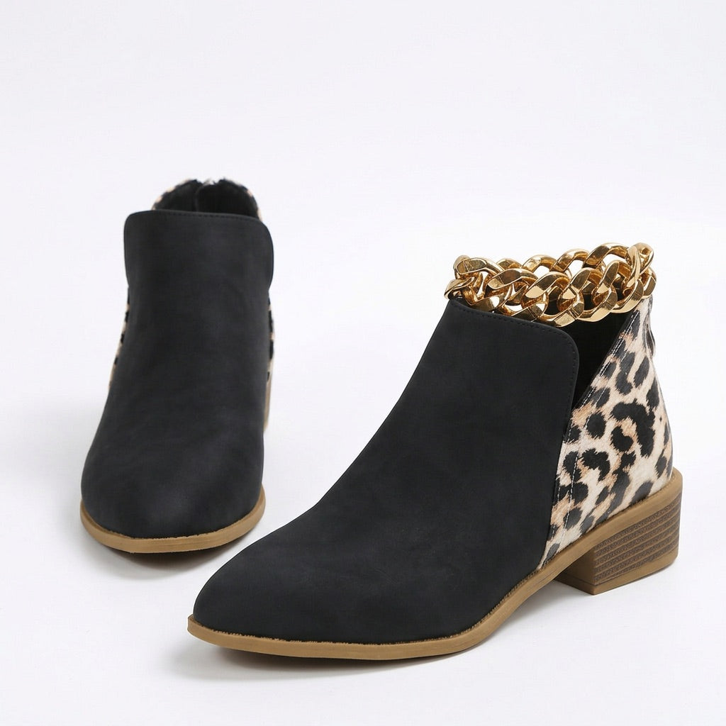 Stiefeletten Damen spitz – mit Leopardenmuster-Einsatz – Vorderansicht
