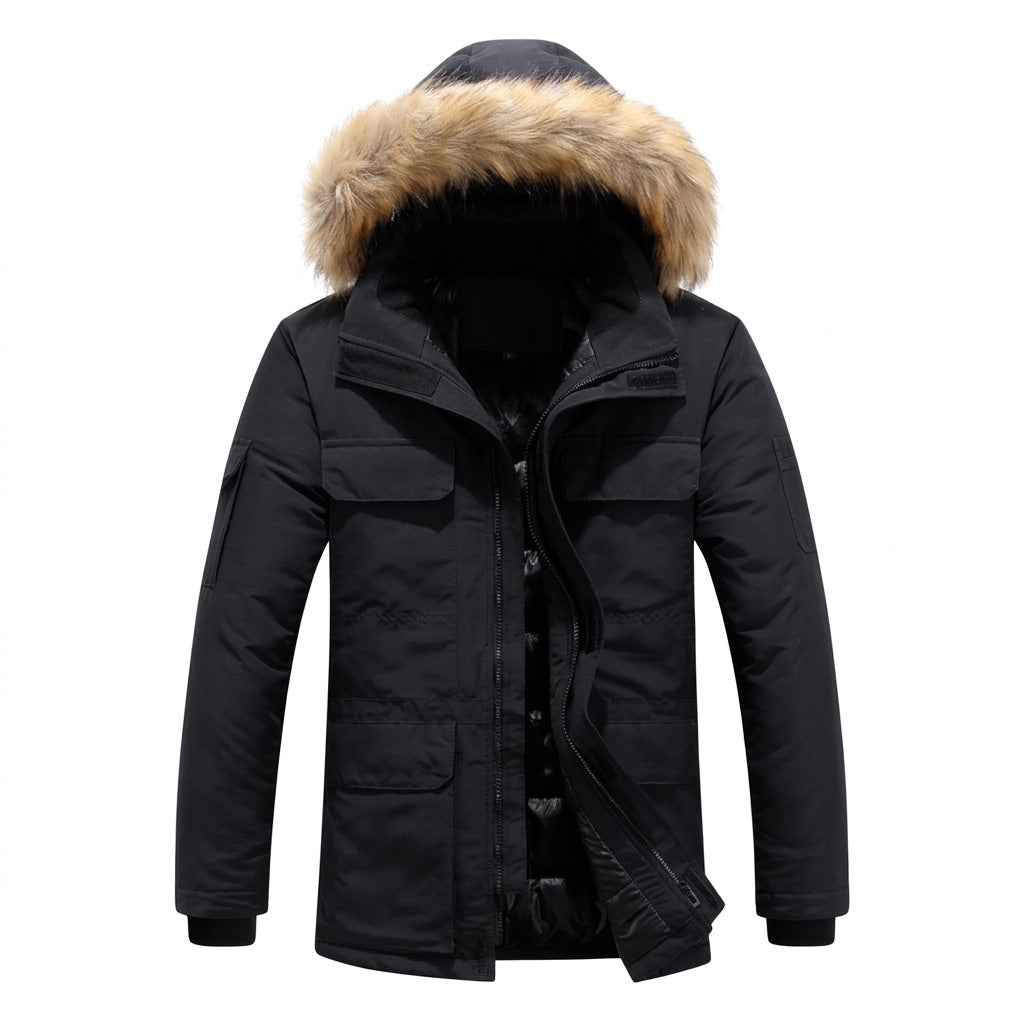 Winterparka Herren mit Kunstfell-Kapuze – Gefütterte Winterjacke – Vorderansicht