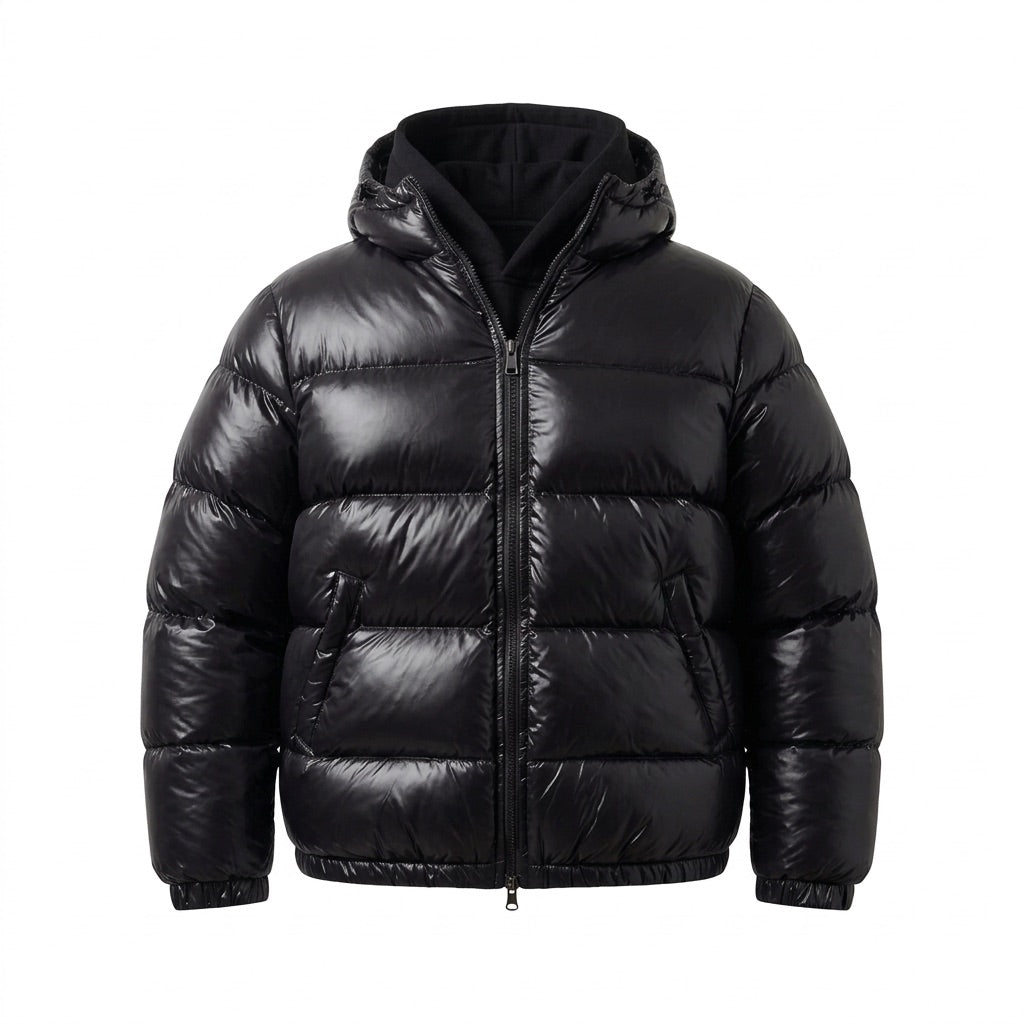 Pufferjacke Herren glänzend mit Kapuze – Warme Winterjacke – Vorderansicht