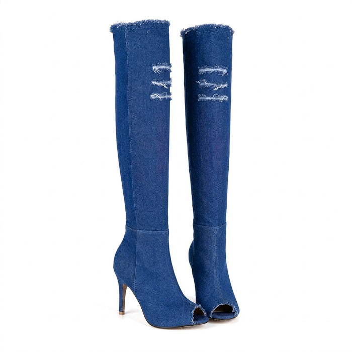 Kniestiefel Damen in Jeansoptik – Stretch-Stiefel mit Absatz – Vorderansicht
