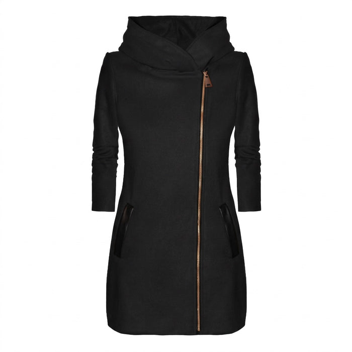 Fleecejacke Damen lang mit Kapuze – Kapuzenjacke mit Schrägreißverschluss – Vorderansicht