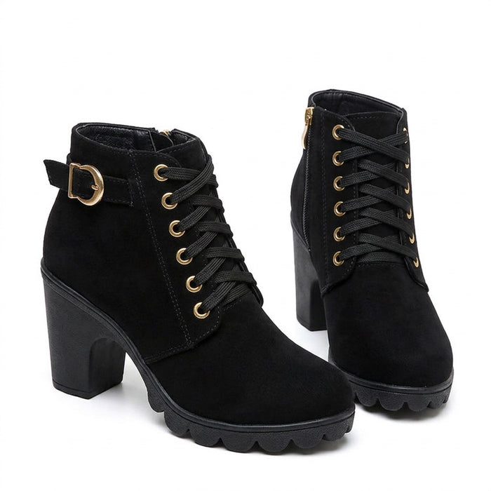 Stiefeletten Damen mit Blockabsatz – Ankle Boots mit Schnalle – Vorderansicht