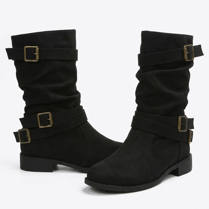 Stiefel Damen mit Schnallen – Vintage Boots mit flachem Absatz – Vorderansicht