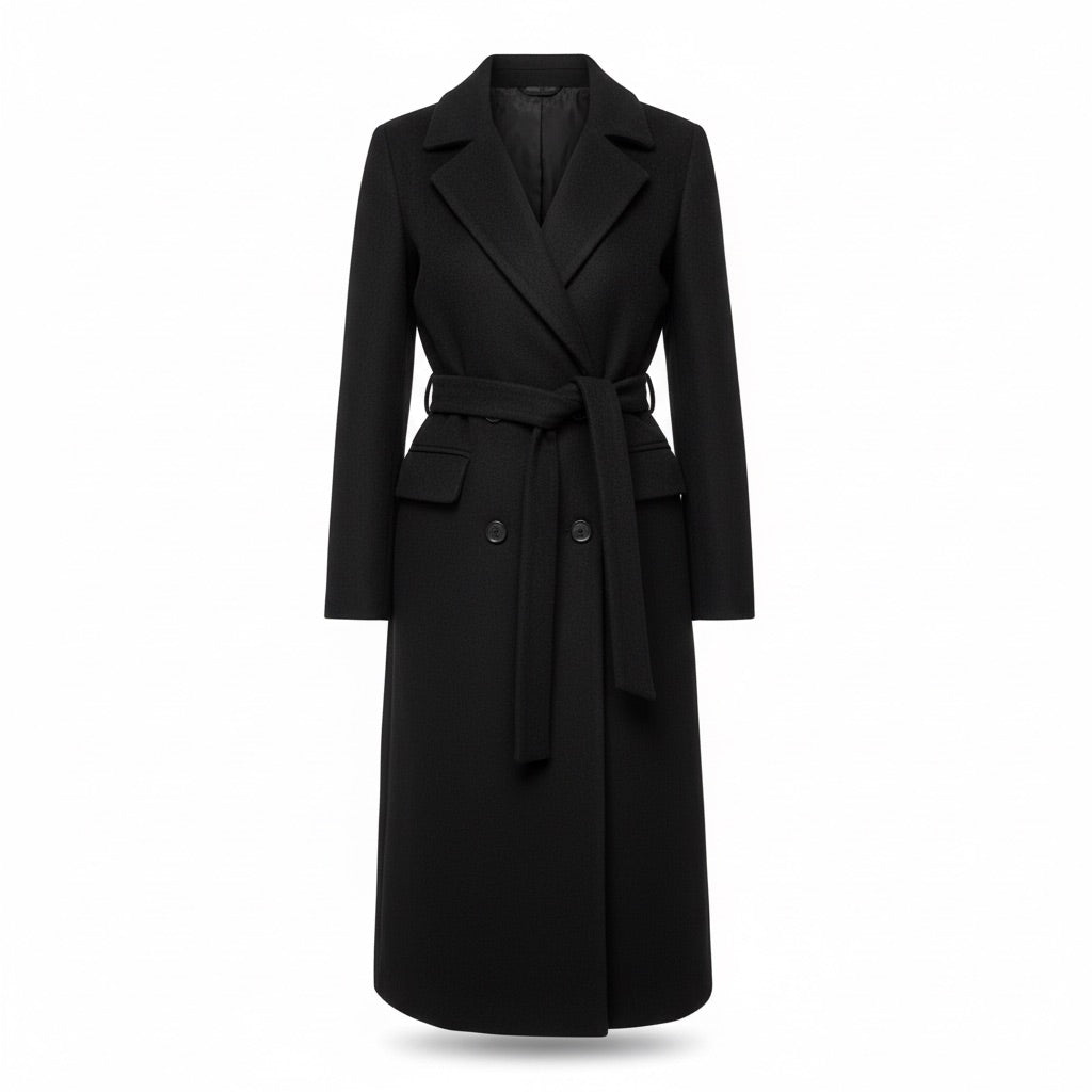 Mantel Damen lang Zweireiher mit Gürtel – Eleganter Wintermantel – Vorderansicht
