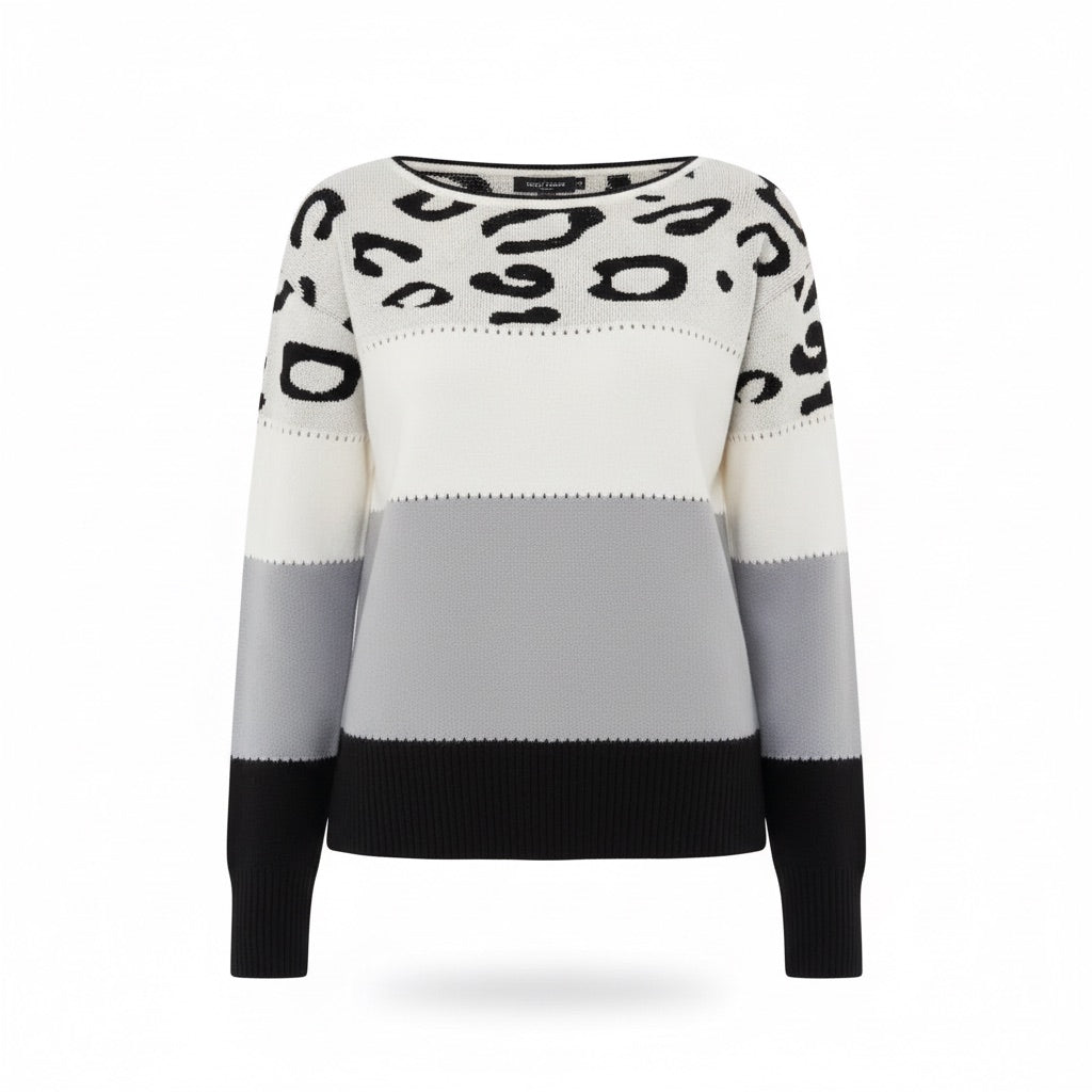 Strickpullover Damen mit Leomuster – Colour-Block – Vorderansicht