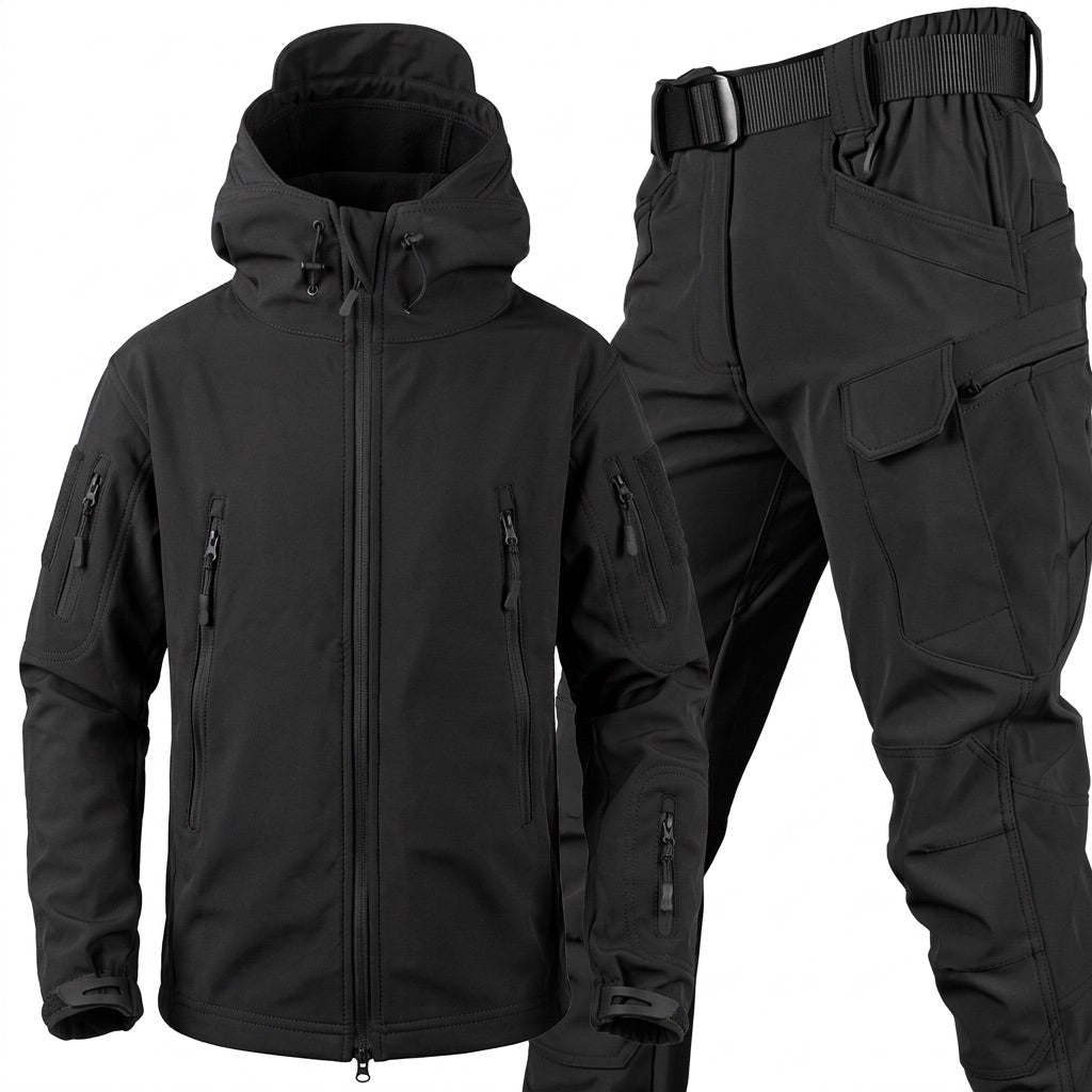 Softshell Set Herren – Funktionsjacke mit Kapuze und Cargohose – Vorderansicht
