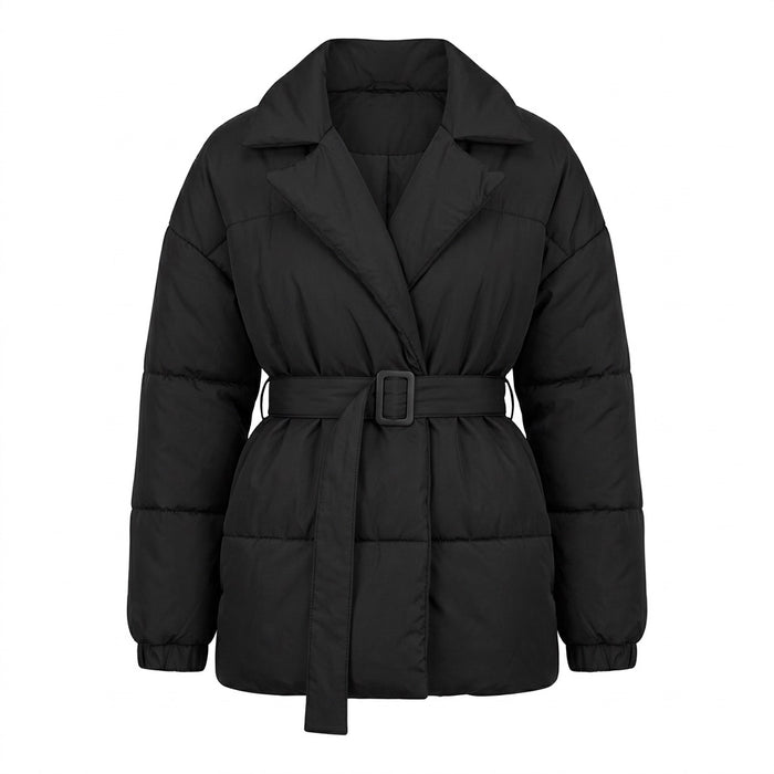 Steppmantel Damen mit Gürtel – Winterjacke mit Reverskragen – Vorderansicht