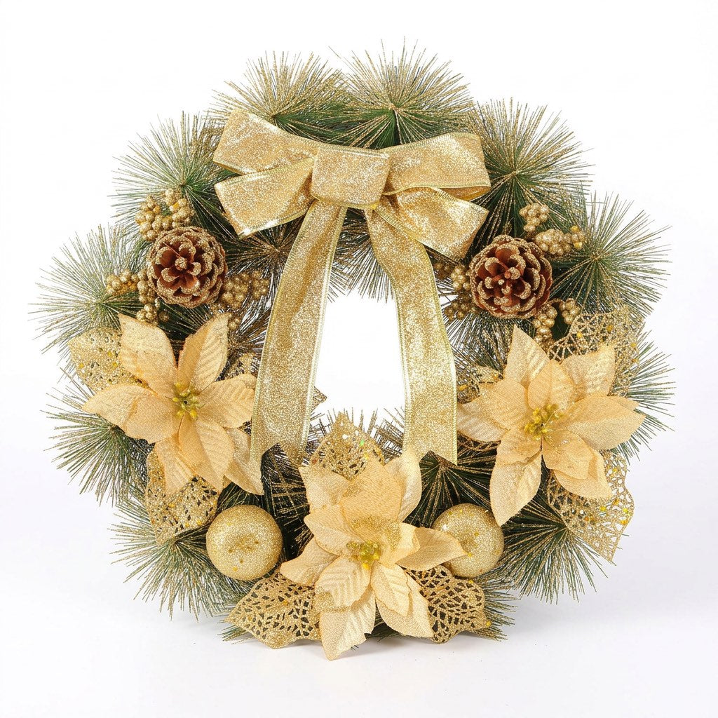 Weihnachtskranz Gold 40 cm – Tannenkranz mit Glitzerblüten und Zapfen – Vorderansicht