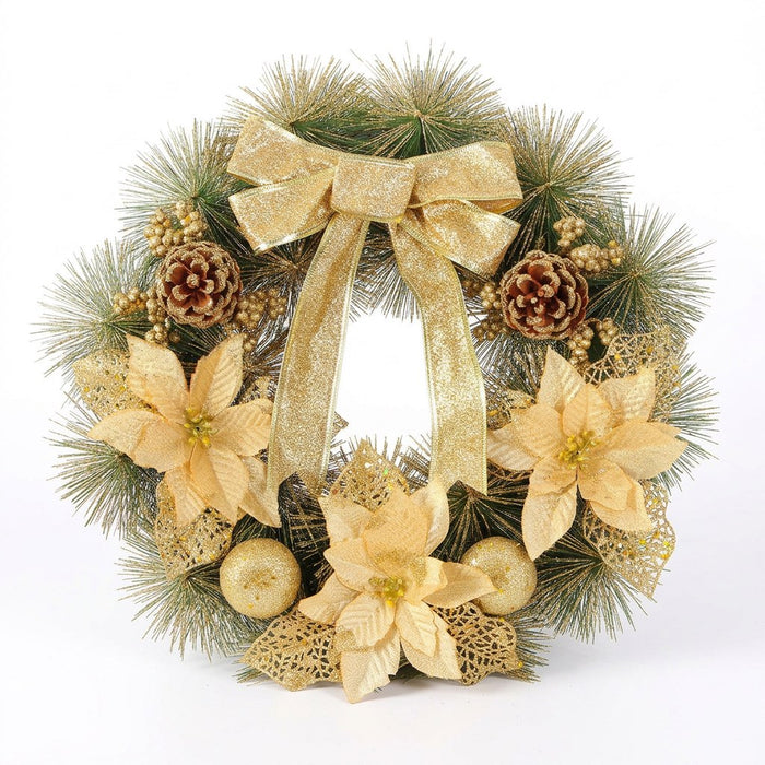 Weihnachtskranz Gold 40 cm – Tannenkranz mit Glitzerblüten und Zapfen – Vorderansicht