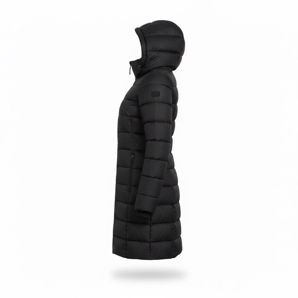 Winterjacke Damen lang mit Kapuze – Taillierter Steppmantel – Seitenansicht