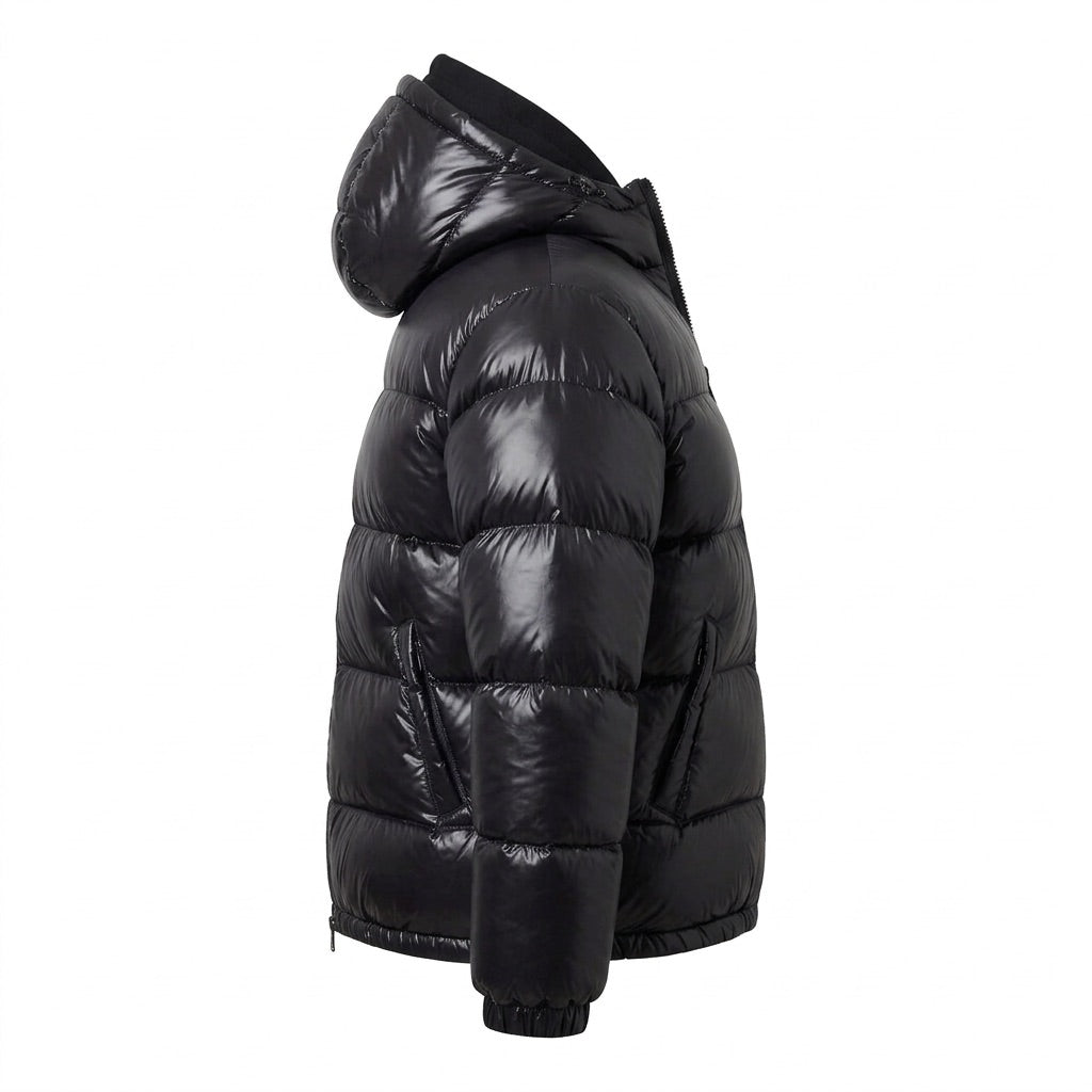 Pufferjacke Herren glänzend mit Kapuze – Warme Winterjacke – Seitenansicht