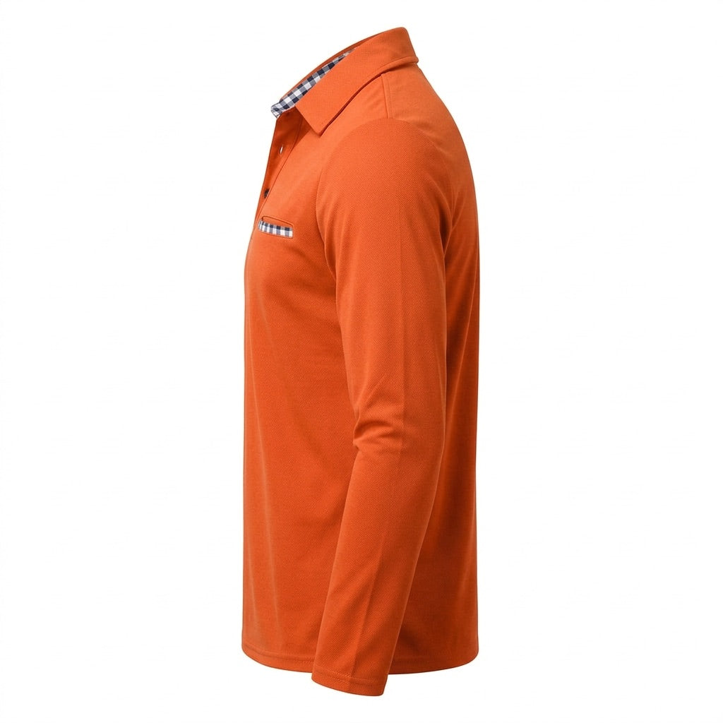 Poloshirt Herren Langarm – mit Karo-Details – Seitenansicht