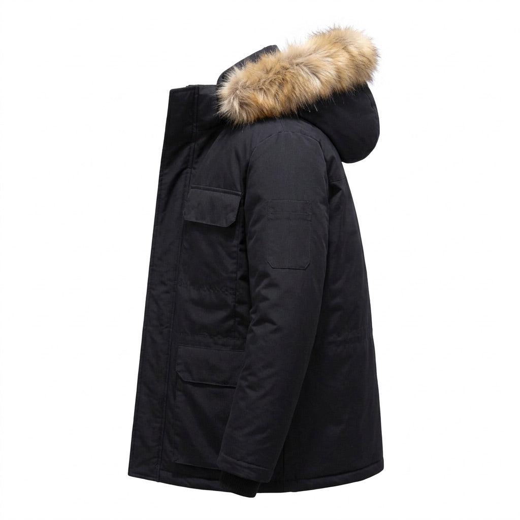 Winterparka Herren mit Kunstfell-Kapuze – Gefütterte Winterjacke – Seitenansicht