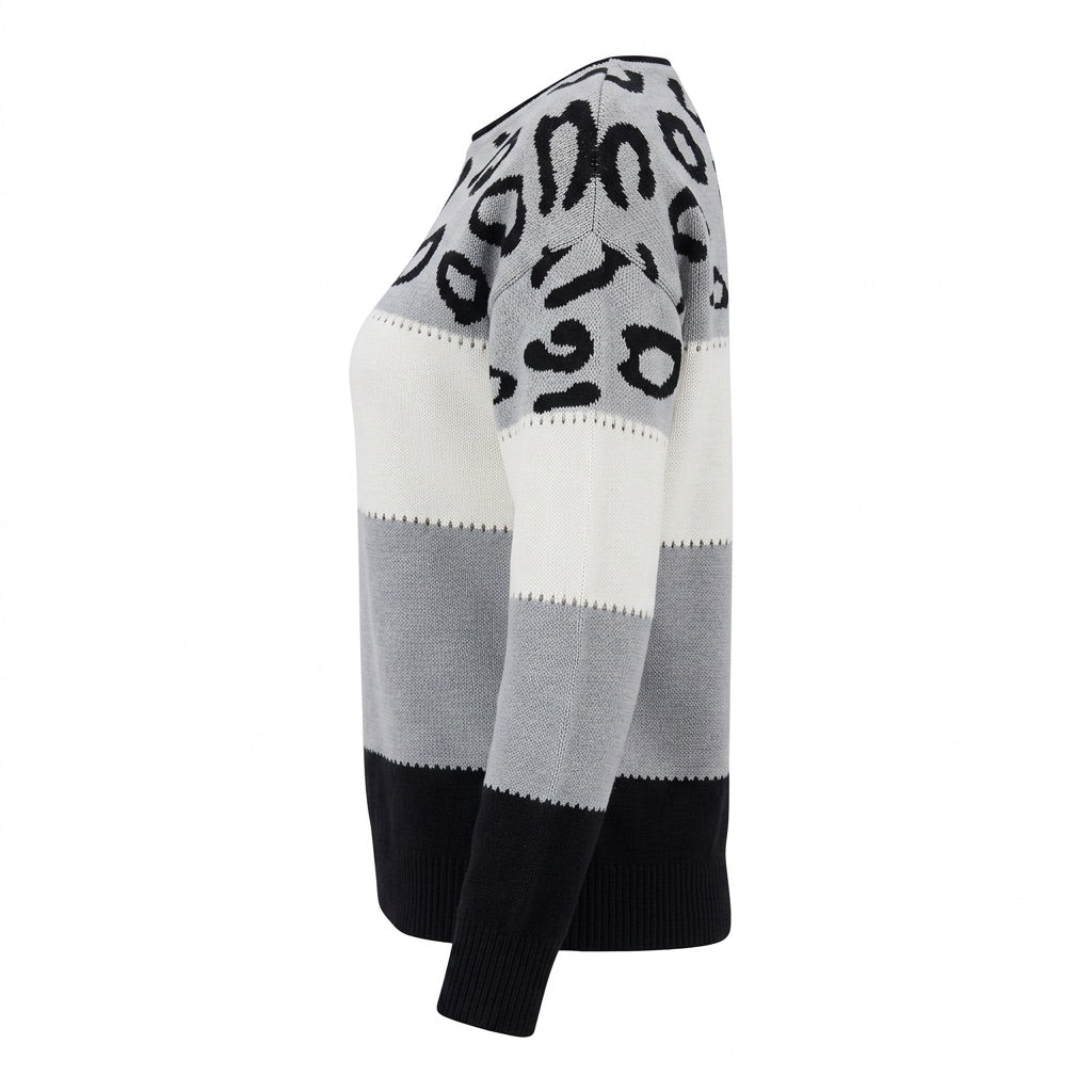 Strickpullover Damen mit Leomuster – Colour-Block – Seitenansicht