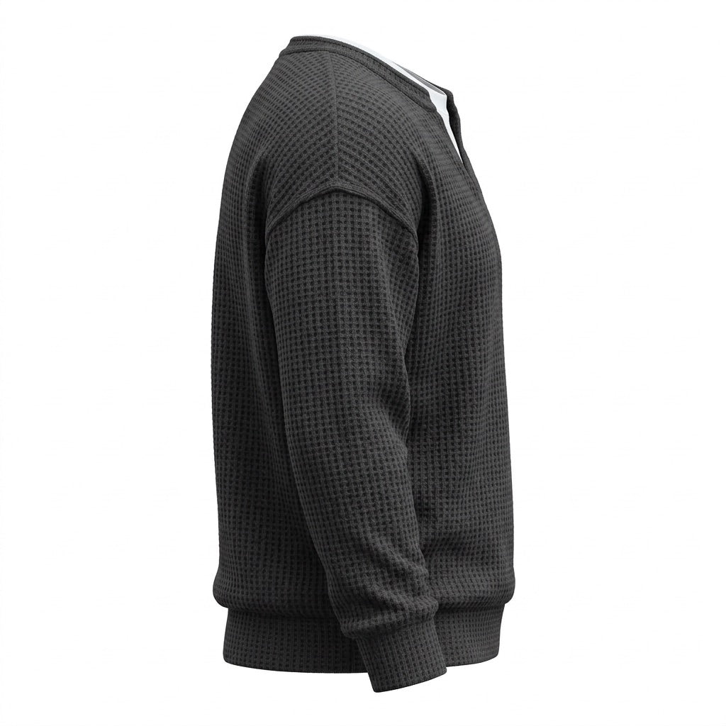 Waffelpullover Herren mit Schlitzausschnitt – Lässiger Pullover – Seitenansicht