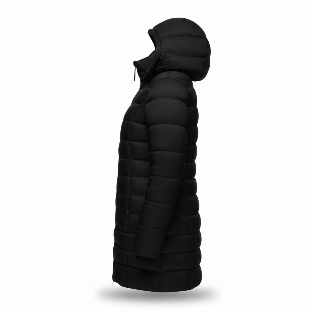 Parka Damen lang gesteppt mit Kapuze – Warme Winterjacke – Seitenansicht
