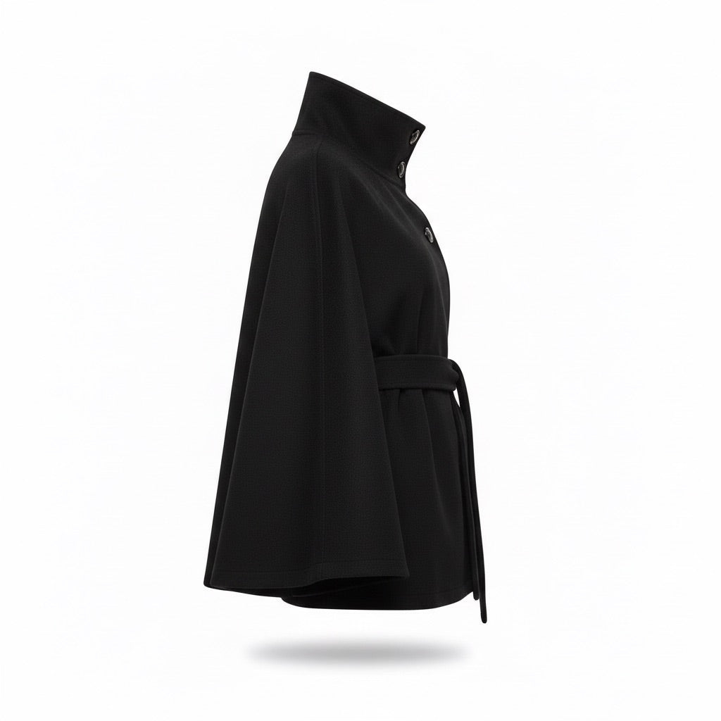 Cape Mantel Damen mit Gürtel und Stehkragen – Eleganter Kurzmantel – Seitenansicht