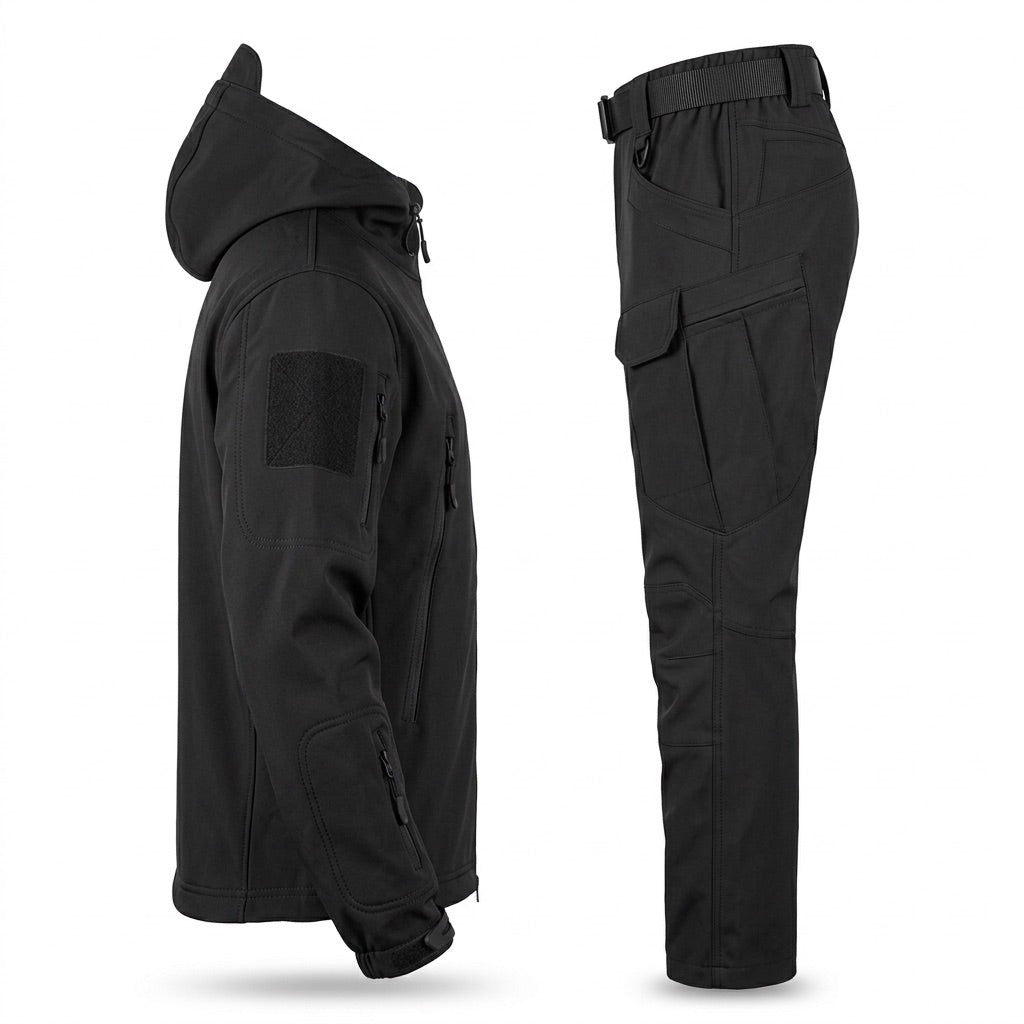 Softshell Set Herren – Funktionsjacke mit Kapuze und Cargohose – Seitenansicht
