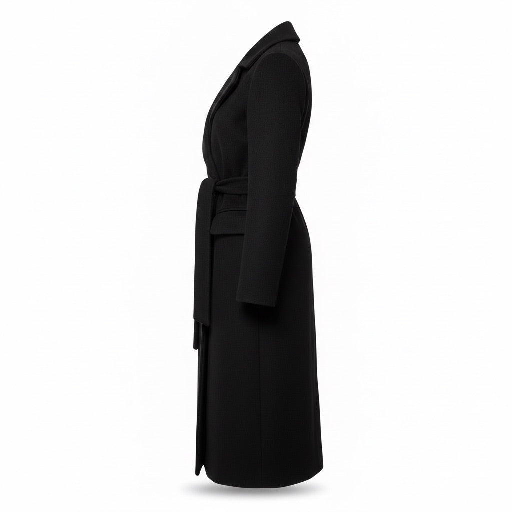 Mantel Damen lang Zweireiher mit Gürtel – Eleganter Wintermantel – Seitenansicht